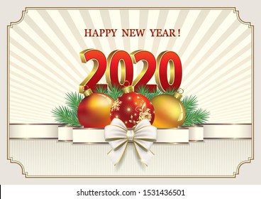 Happy New Year 2020. Greeting card with date 2020 year and Christmas balls on background of rays. Vector illustration eps10