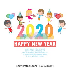 Happy New Year 2020 Greeting Card With Group Kids Jumping,
Happy Children With Happy New Year, Colorful Background Vector Illustration