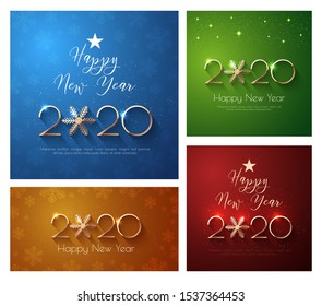 Happy New Year 2020 Greeting Card designs in four colors. Blue, red, green, yellow. Vector illustration with golden numbers and snowflake