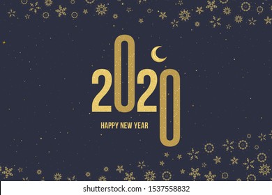 Happy New Year 2020. Greeting card with golden sign and moon on a dark backdrop. Xmas vector background. Flat vector illustration EPS10