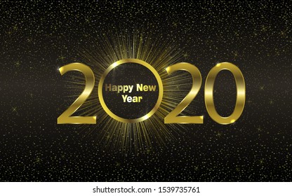 Happy new year 2020 greeting card or poster with gold glitter and shine. Vector illustration EPS 10.