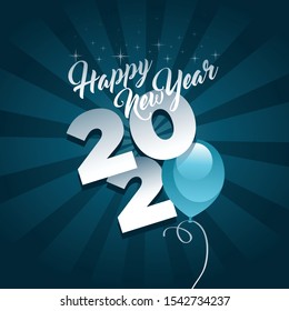 Happy new year 2020 greeting card with blue party balloons