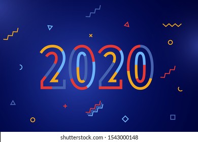 Happy New Year 2020. Greeting card with inscription Happy New Year 2020. Memphis geometric bright style for Merry Christmas. Holiday background, banner, poster. Social Media Cover. Vector Illustration