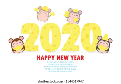 Happy new year 2020 greeting card with cute mouse and cheese. Rat zodiac. Merry Christmas of the Rat  Symbol, flyers, posters, banners and calendar. Isolated on white vector cartoon character 