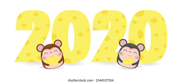 Happy new year 2020 greeting card with cute mouse and cheese. Rat zodiac. Merry Christmas of the Rat  Symbol, flyers, posters, banners and calendar. Isolated on white vector cartoon character 