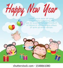 Happy new year 2020 greeting card with cute little mouse play musical and dance. Rat zodiac. Merry Christmas of the Rat  Symbol, flyers, posters, banners and calendar. Isolated on background vector