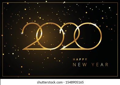 Happy New Year 2020 greeting card gold and black background - flying confetti luxury design vector illustration