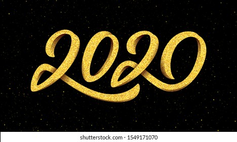 Happy New Year 2020 greeting card design with gold 3D typography on black background with glitters. Calligraphy for Chinese Year of the Rat. Vector illustration