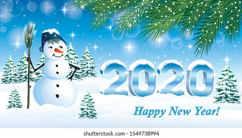 Happy New Year 2020. Greeting card with date 2020 and funny snowman on snowy winter landscape. Vector illustration