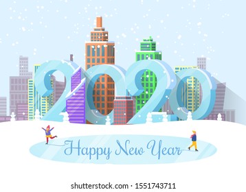 Happy New Year 2020 greeting poster with calligraphy inscription and characters on ice rink. Cityscape and citizen wearing warm clothes. Big numbers and buildings, skyscrapers of town vector