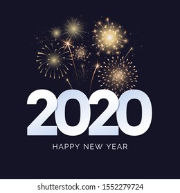 Happy New Year 2020 greeting card design. 2020 text with festive fireworks explosions isolated on dark background. Congratulation banner. Vector illustration.