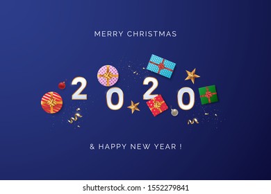 Happy new year 2020 greeting card design concept. White 2020 text with scattered Christmas gift boxes, golden confetti, and xmas balls. Top view. Blue background in minimal style. Vector illustration
