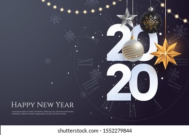Happy new year 2020 greeting card template with copy space. Hanging Christmas toys and garlands with light bulbs on dark background. Winter Holiday banner concept. Vector eps 10.