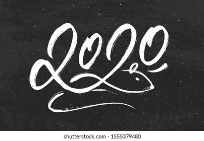 Happy New Year 2020 greeting card design with typography text on black chalkboard background. Vintage vector illustration with hand drawn lettering for Chinese Year of the Rat.