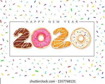 Happy New Year 2020 greeting card with donuts. Sweet Vector illustration with colorful holiday label isolated on white background