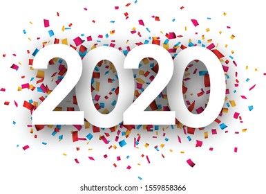 Happy New Year 2020 greeting card with colorful confetti. Christmas decoration - Vector