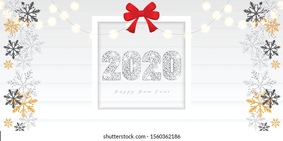 Happy New Year 2020 Greeting Card with Silver Numbers and Confetti Frame on White Background. Vector Illustration. Merry Christmas Flyer or Poster Design. Vector 10 EPS