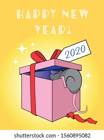 Happy New Year 2020 greeting card design with funny rat. Year of the rat. Chinese symbol 2020.