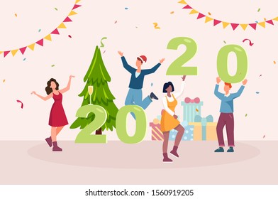 Happy New Year 2020 greeting card. Vector illustration preparing for the party, decorating. concept with people character flat design, Suitable for web landing page, ui, mobile app banner template
