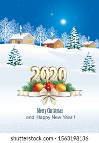 Happy New Year 2020. Greeting card with Christmas decoration on a snowy winter background. Natural landscape. Vector illustration