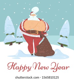 Happy New Year 2020 Greeting Card with Stylish Hipster Santa Claus in Red Costume and Hat Stand with Crossed Arms on Snowy Background. Merry Christmas Postcard Cartoon Flat Vector Illustration, Banner