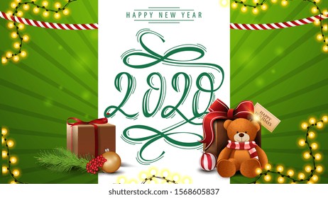 Happy New Year, 2020, greeting green postcard with beautiful lettering and present with Teddy bear