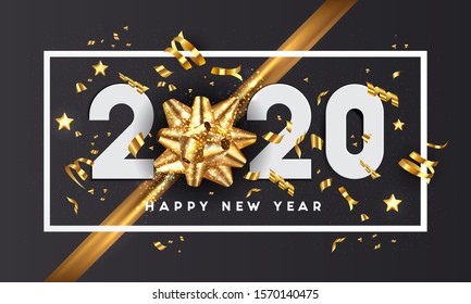 Happy New Year 2020 greeting card. Holiday design decorate with numbers and golden bow on dark background. Vector Illustration