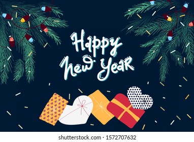 Happy New Year 2020 greeting card with Christmas decoration of fir tree border with gifts and confetti . hand drawing, lettering Vector illustration. EPS 10
