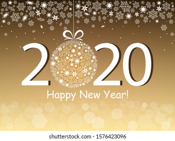 Happy New Year 2020 greeting card in a gold design. Snowflakes, bokeh light and text on a gold background. Vector illustration