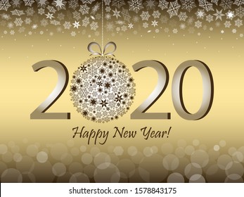 Happy New Year 2020 greeting card in a gold design. Snowflakes, bokeh light and text on a gold background. Vector illustration