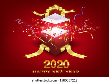 Happy New Year 2020 greeting card, banner or flyers with golden 2020 numbers,open red gift box with explosions colorful ribbon.Happy new year card with amazing red gift box on Red background.