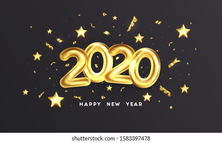 Happy New Year 2020 greeting card. Holiday design of golden metallic numbers 2020 on dark background. Vector