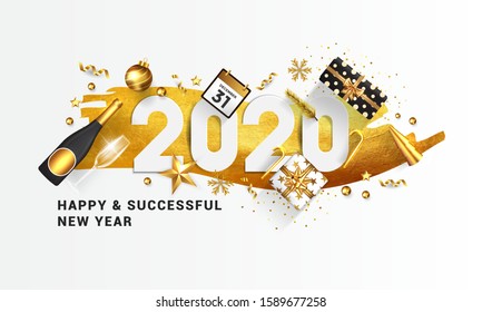 Happy New Year 2020 greeting card. Holiday design decorate with gift box, gold balls, wine bottle and star on white background. Vector Illustration