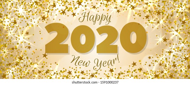 Happy New Year 2020 greeting horizontal banner. Festive illustration with colorful confetti, party popper and sparkles. Vector