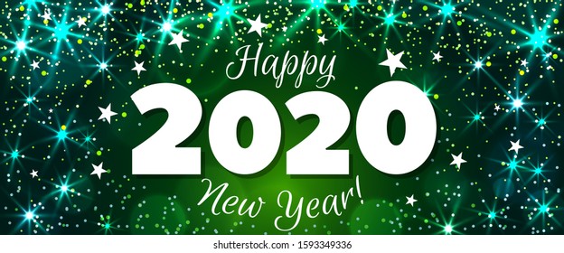 Happy New Year 2020 greeting horizontal banner. Festive illustration with colorful confetti, party popper and sparkles. Vector