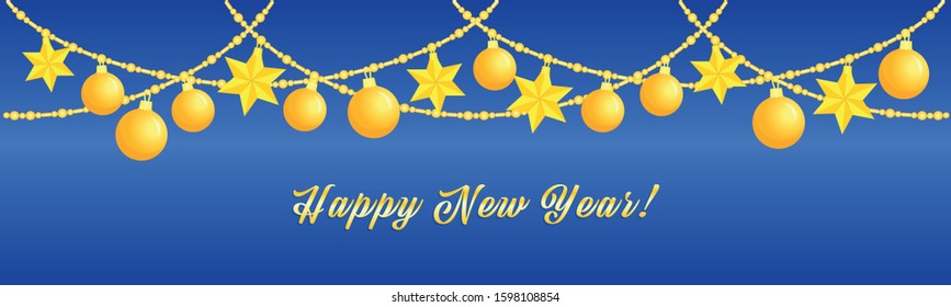 Happy New Year 2020, greeting banner, golden garlands with gold Christmas balls and stars, greeting inscription on dark blue background
