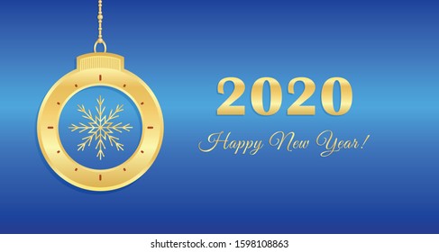 Happy New Year 2020, greeting banner with gold numbers, gold snowflake in Christmas ball with a clock, greeting inscription on dark blue background
