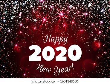 Happy New Year 2020 greeting banner. Festive background with colorful confetti, party popper and sparkles. Vector