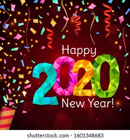 Happy New Year 2020 greeting banner. Festive background with colorful confetti, party popper and sparkles. Vector