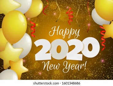 Happy New Year 2020 greeting banner. Festive background with colorful confetti, party popper and sparkles. Vector