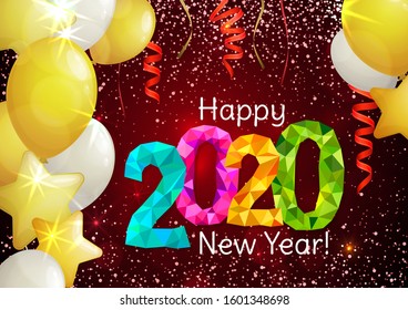 Happy New Year 2020 greeting banner. Festive background with colorful confetti, party popper and sparkles. Vector