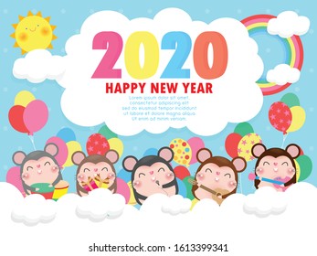 Happy new year 2020 greeting card with cute little mouse play musical and dance. Merry Christmas Symbol, flyers, posters, banners and calendar. Isolated on white background vector illustration