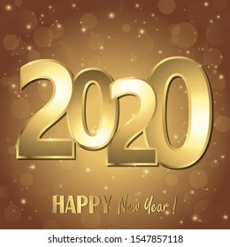 happy new year 2020 greetings with golden numbers and brown background