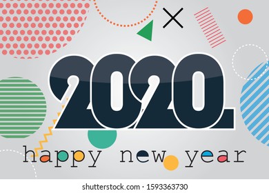 Happy New Year 2020 greetings Design,Creative design a new year card 2020,base on grey background blue text and colorful object behind text,with word happy new year,