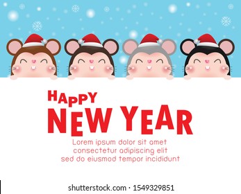 Happy new year 2020, Group Little rat with big signboard. Template for advertising brochure. Vector Illustration
