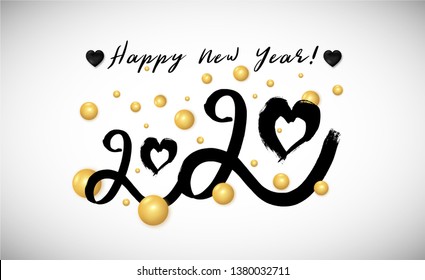 Happy New Year 2020 hand lettering. Ink brush lettering. Vector illustration is decorated with realistic golden bubbles. Can be used as postcard, greeting, for print. EPS10