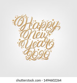 Happy new year 2020. Hand written lettering text. Perfect calligraphy. Golden numbers and letters with confetti. White background. Vector illustration.