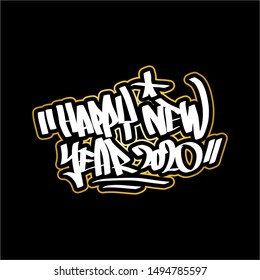 Happy New Year 2020. Hand written lettering on a black background. Happy New Year card design.
