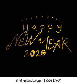 Happy New Year. 2020. Hand drawn vector logo. Handwritten pattern in gold color on a black background. Template for New Year's design.