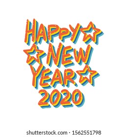 Happy New Year 2020 hand drawn lettering in vector. Colorful illustration for winter holidays. Festive design element.